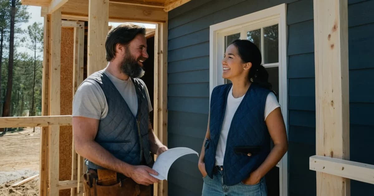 A bearded carpenter in a tool belt talks with a smiling colleague at a house frame, asking about office roles inside his own company.
