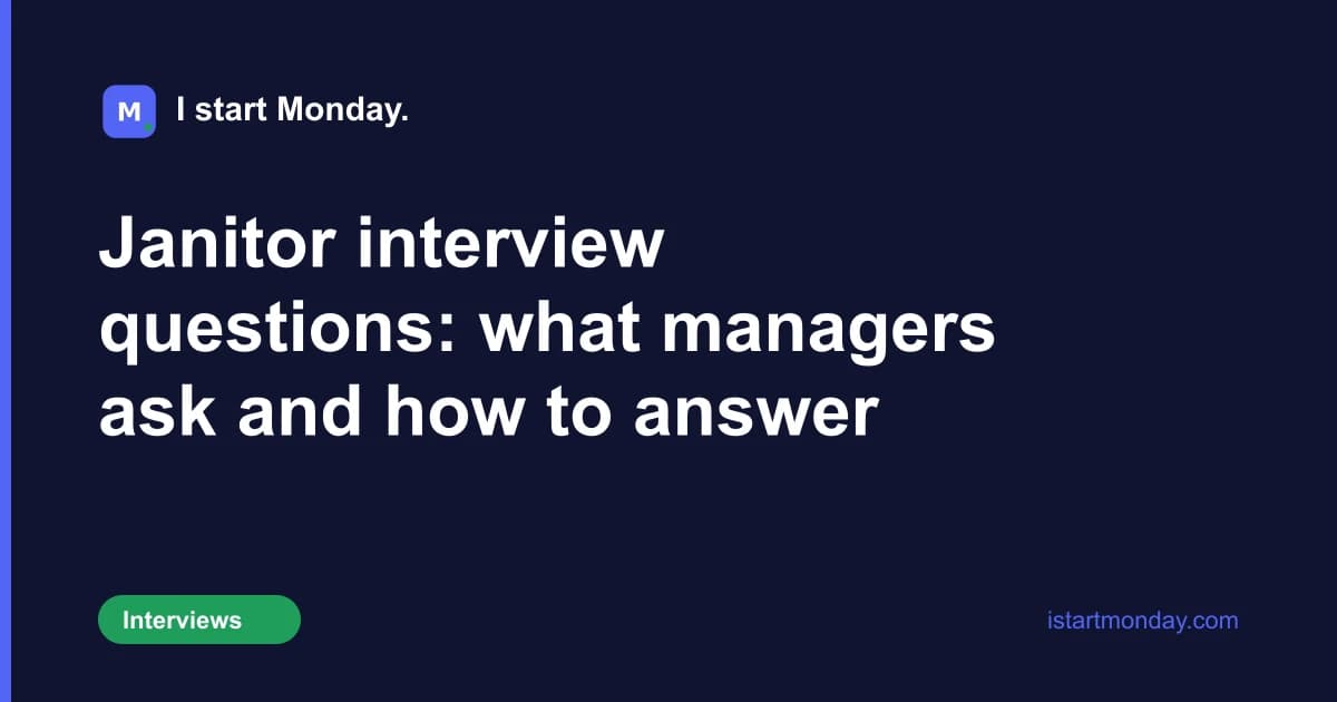 Title card for "Janitor interview questions: what managers ask and how to answer" - I start Monday.