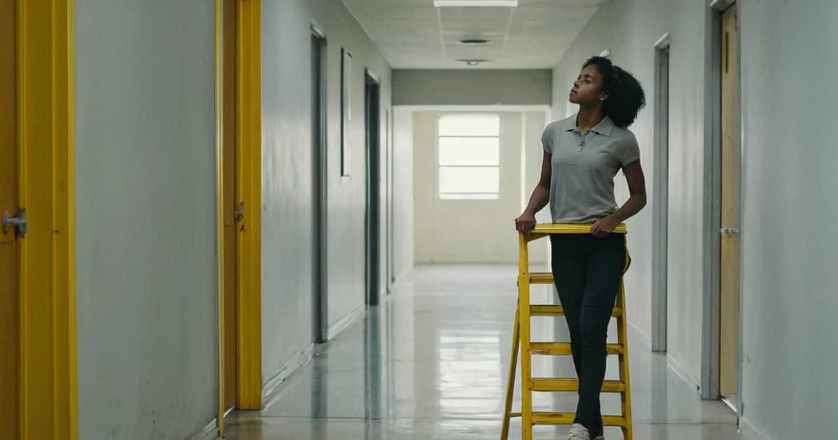 A young IT technician grips a yellow stepladder in an empty school corridor and looks up at the ceiling before wireless network work.