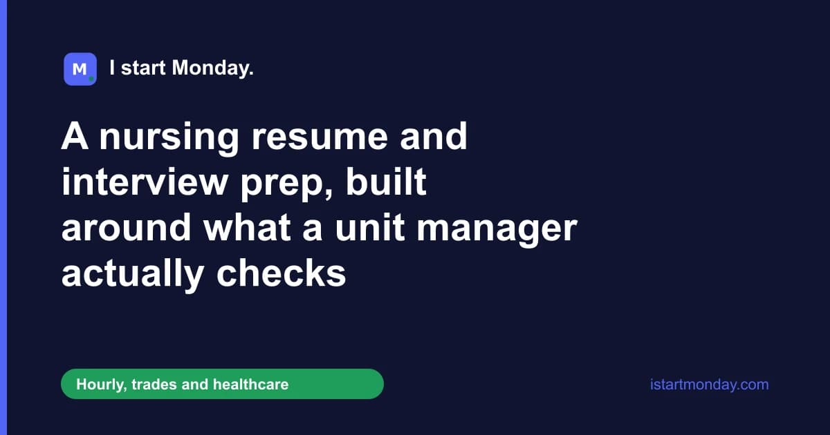 Title card for "A nursing resume and interview prep, built around what a unit manager actually checks" - I start Monday.