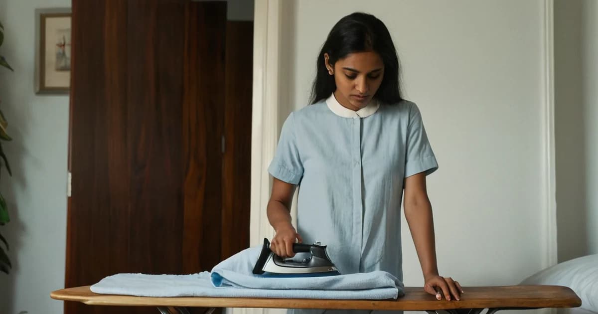 A young woman irons a pale blue garment at home the evening before her receptionist interview, getting a clean business casual outfit ready.
