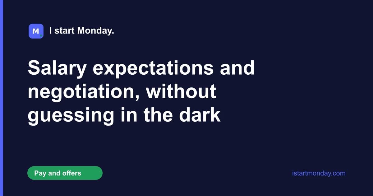 Title card for "Salary expectations and negotiation, without guessing in the dark" - I start Monday.