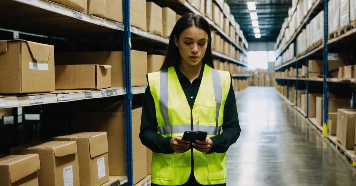 A woman in a high-visibility vest reading a job posting on her phone in a warehouse aisle