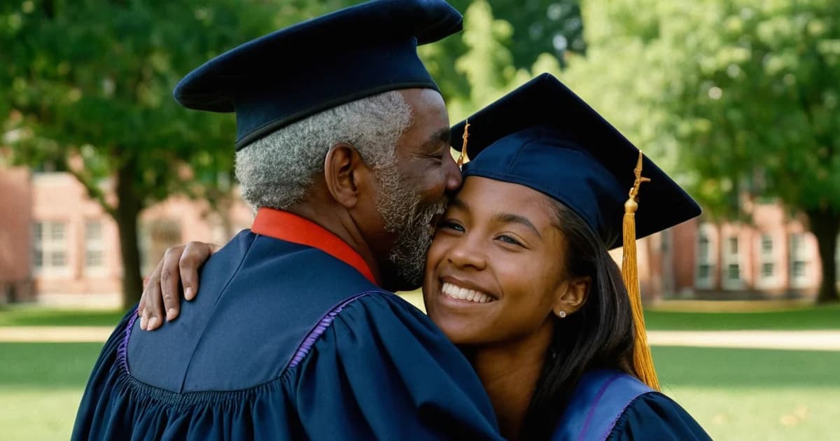 A smiling young graduate in a navy cap and gown hugs her grey-haired father on a campus lawn, a recent grad who can put Education first on a resume.