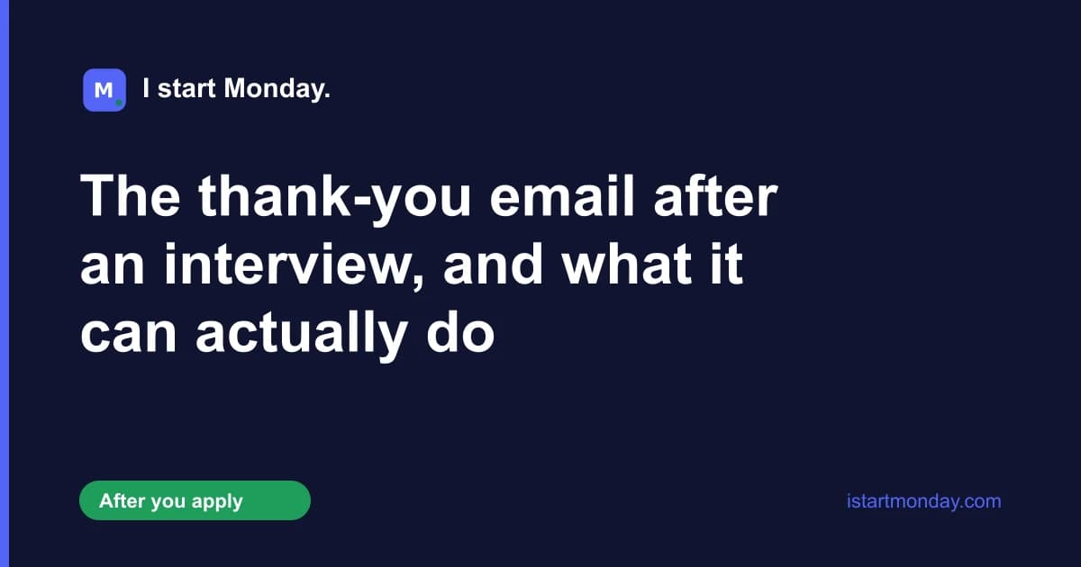 Title card for "The thank-you email after an interview, and what it can actually do" - I start Monday.