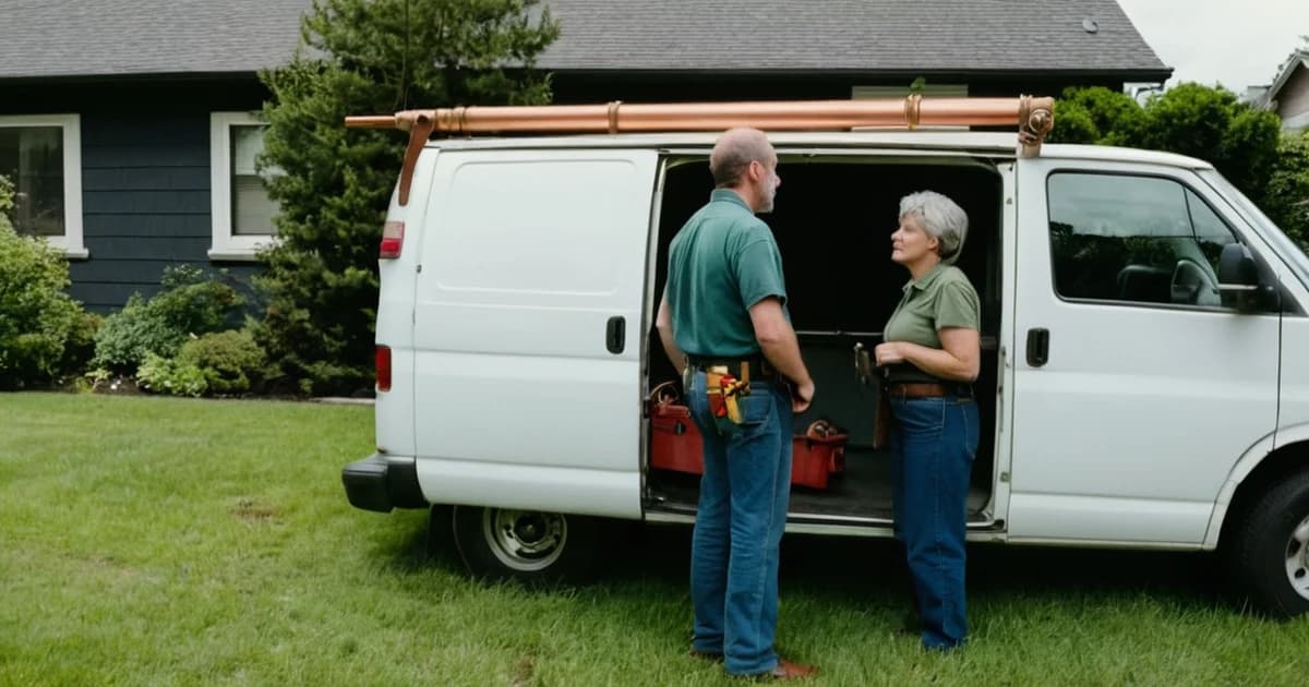 A man starting a trade as a second career talks with an experienced plumber beside an open work van with toolboxes and copper pipe