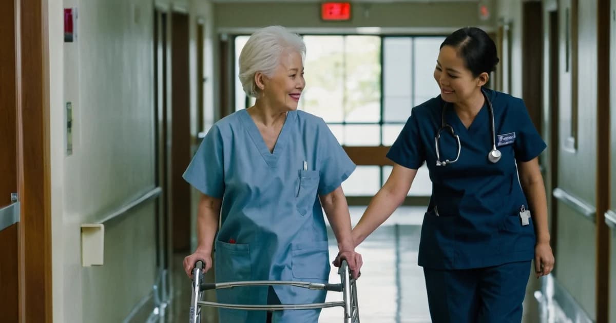 A nurse walking beside an elderly patient with a walker in a hospital corridor, the kind of role covered in a US visa sponsorship job search