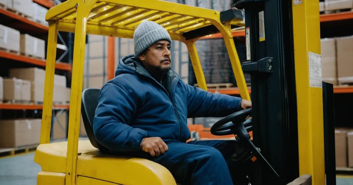 A forklift operator in a grey knit cap and navy insulated jacket drives a yellow forklift between warehouse racks, the job behind forklift pay.