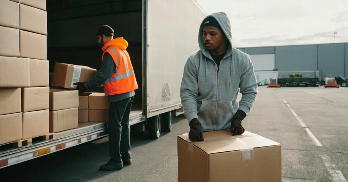 Two seasonal package handlers load cardboard parcels into a truck trailer at a warehouse loading dock