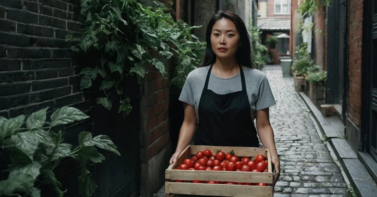 A shift lead in a black apron carries a crate of tomatoes down a brick alley, a vendor delivery an administrative assistant would reconcile.